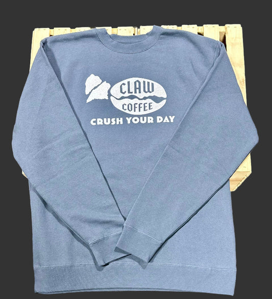 Blue sweatshirt with Claw Coffee logo and "Crush Your Day" text.